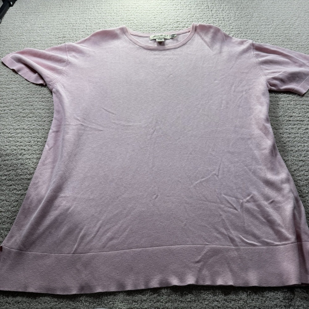 Eddie Bauer Pink Short Sleeve Cotton Sweater Womens Petite Medium Crew Neck Knit